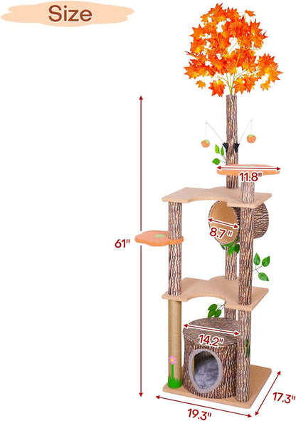 Lucky Monet 61" Cat Tree for Indoor Cats, Creative Tree-Like Cat Tower with Leaves, Unique Cat Climbing Frame with Scratching Post, Condo, Flower Platform
