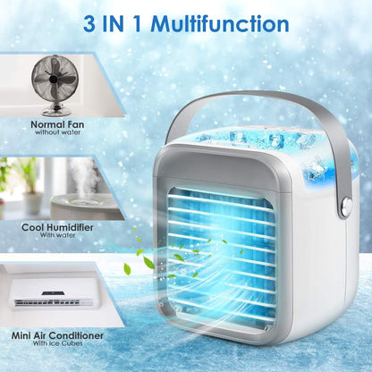 Portable Air Cooler, Rechargeable Evaporative Air Conditioner Fan with 3 Speeds 7 Colors, 3 in 1 Air Cooler with Water Tank, Cordless Personal Air Cooler with Handle for Home, Office and Room