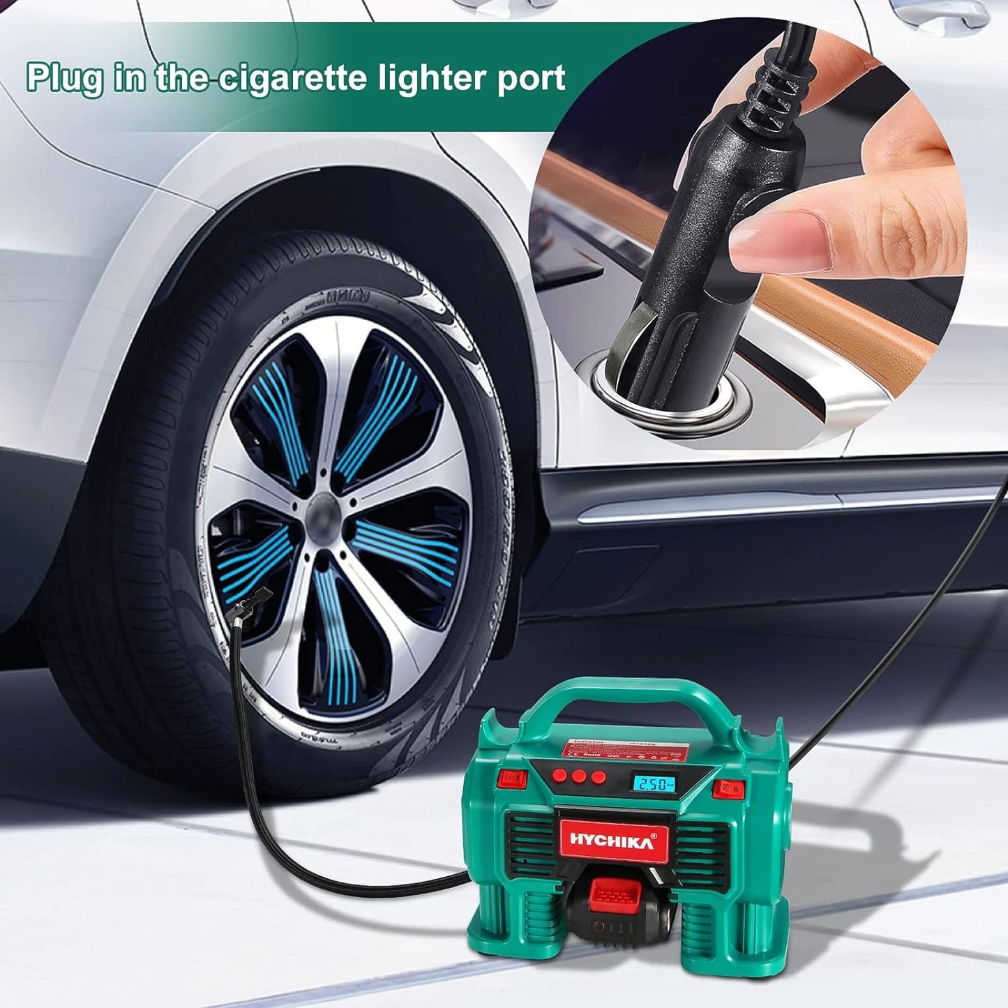 Tire Inflator, HYCHIKA Portable Air Compressor Pump 160PSI 20V Battery & 12V DC Dual Power Supply with LED Light, Pressure Gauge for Car Bike Inflatables -Charger & 2.0Ah Battery Included