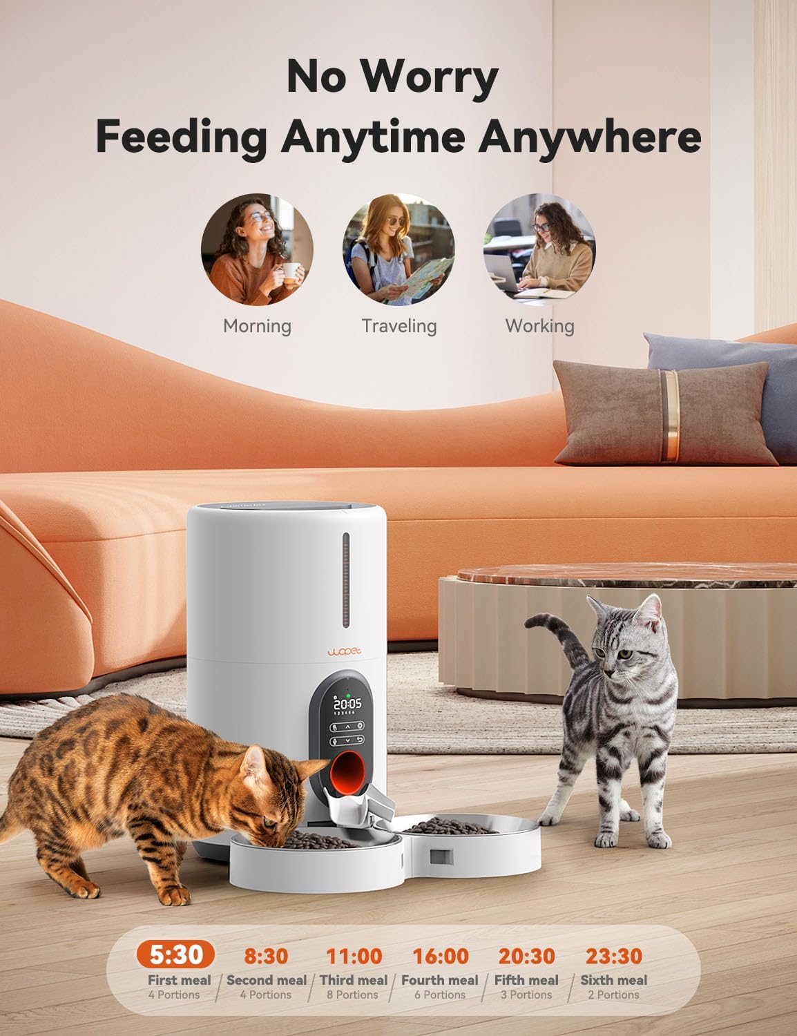 WOPET Automatic Cat Feeders for 2 Cats - Automatic Cat Food Dispenser with Two Stainless Bowls, 6 Meals Per Day for Cat and Dog