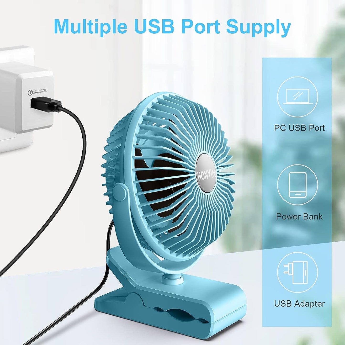 HONYIN USB Clip on Fan, 720° Rotation Small Desk & Clip Fan, 3 Speeds, Quiet Little Fan by USB Plug In