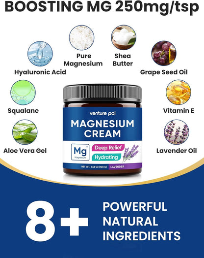 Venture Pal Magnesium Lotion, Topical Magnesium Cream, Fast-Absorbing Moisturizing Lotion with Coconut Oil, Shea Butter & Hyaluronic Acid, Suitable for Kids