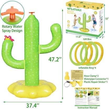 Boogem Sprinkler for Kids, Inflatable Cactus Water Toys for Boys Girls, Summer Outdoor Game with 4 Rings, Backyard Water Sprinkler Spray Toy Fun Gifts for Children Ages 3 4 5 6 Years and Up