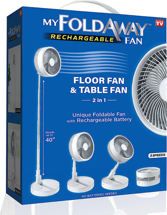 My Foldaway Rechargeable Fan, All in 1 Folding Fan for Bedroom/Desk and More, Portable Travel Fan Fits in Suitcase, 10 Hour Battery Life, Quiet Foldable Fan from 4”- 40” with 3 Modes
