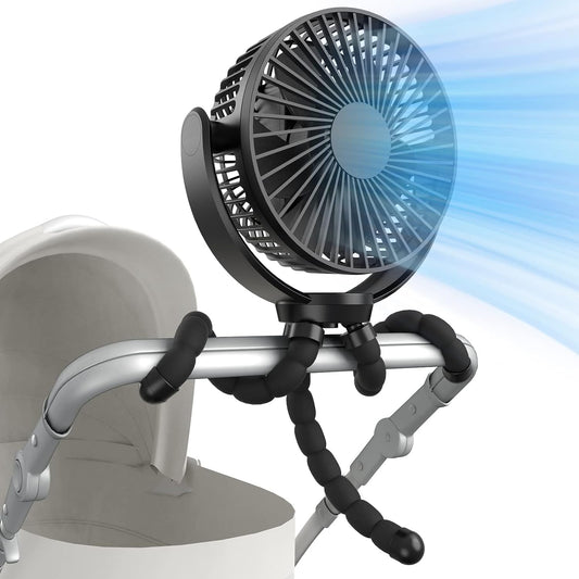 Stroller fan 5000mAh Rechargeable Battery Powered Clip Fan with Flexible Tripod, Super Quiet, 3 Speed, 360° Rotatable, Portable Handheld USB Clip on Fan for Room Cart Stroller Bike etc