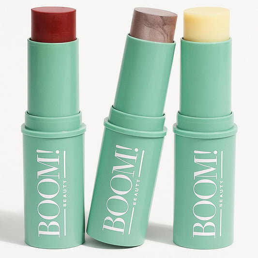 Boomstick Trio ® Color 3 Pack Cream Blush Makeup, Color Blush Stick, Highlighter Stick & Moisturizer for Cheeks, Eyes & Lips, Blendable Vegan Boom Sticks