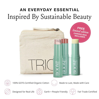 Boomstick Trio ® Color 3 Pack Cream Blush Makeup, Color Blush Stick, Highlighter Stick & Moisturizer for Cheeks, Eyes & Lips, Blendable Vegan Boom Sticks