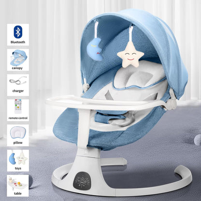 Baby Swing for Infants to Toddler, Portable Baby Rocker Swinger for Newborn Boy and Girls Outdoor Indoor with Plate,5 Swing Speeds Bluetooth Remote Control Music Speaker Lullaby Blue