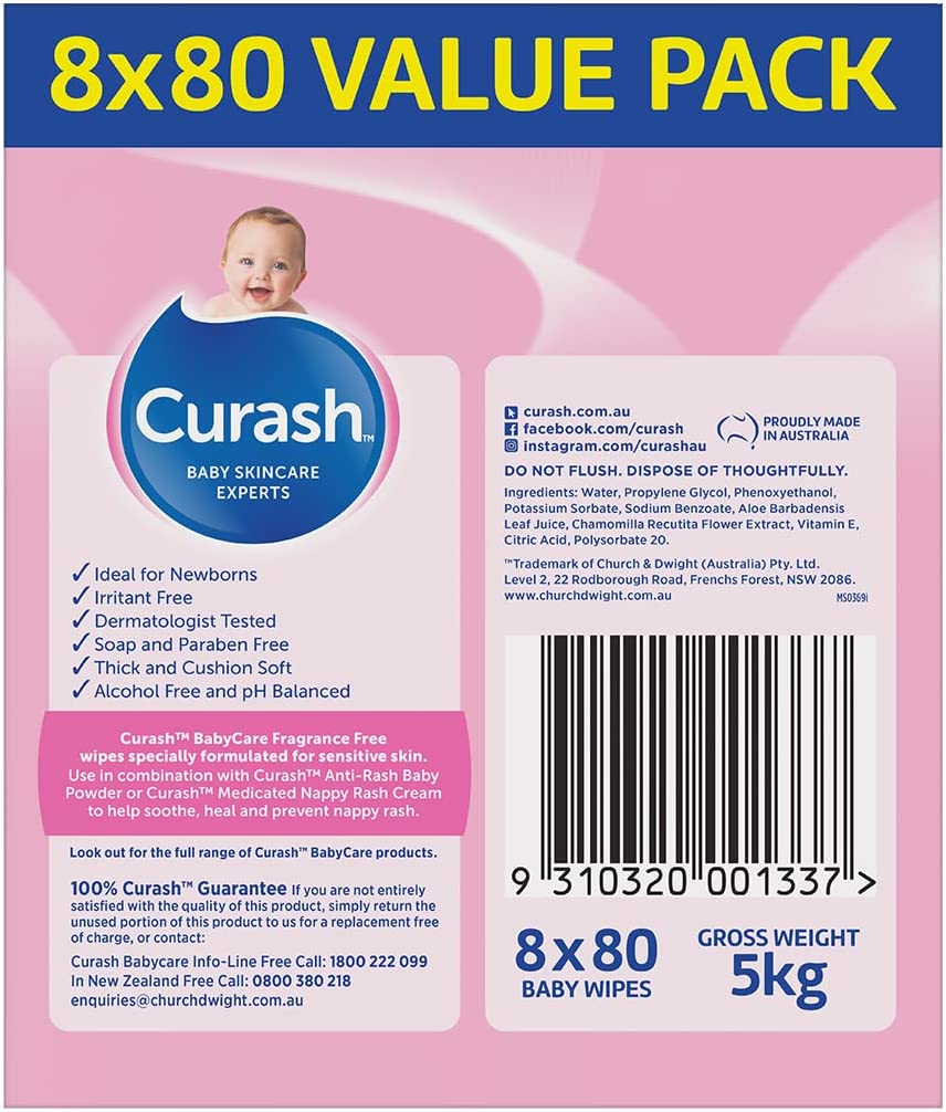 Curash Fragrance Free Baby Wipes, 640 wipes