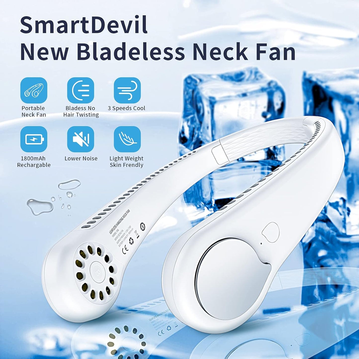 SmartDevil Personal Neck Fan, Rechargeable Battery Operated Wearable Portable Fan, 360° Cooling Hanging Neck Fan, 3 Speeds, 48 Air Outlet(White)