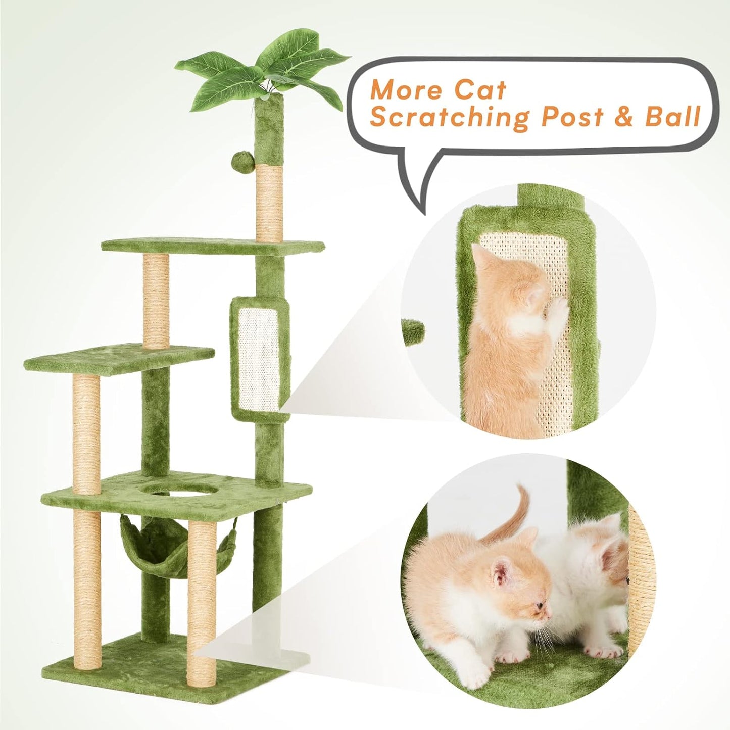 TSCOMON 55" Cat Tree for Indoor Cats with Green Leaves, Multi-Level Large Cat Tower with Hammock, Plush Cat House with Hang Ball Toy and Cat Sisal Scratching Posts Furniture, Green