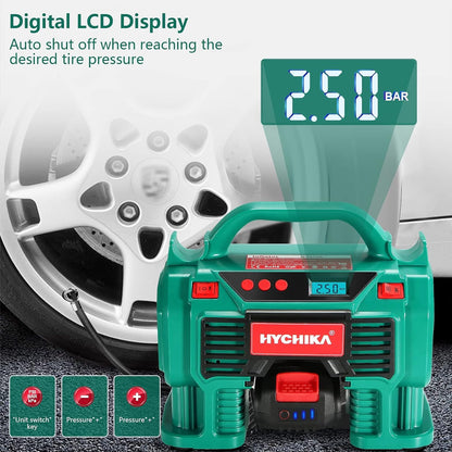 Tire Inflator, HYCHIKA Portable Air Compressor Pump 160PSI 20V Battery & 12V DC Dual Power Supply with LED Light, Pressure Gauge for Car Bike Inflatables -Charger & 2.0Ah Battery Included