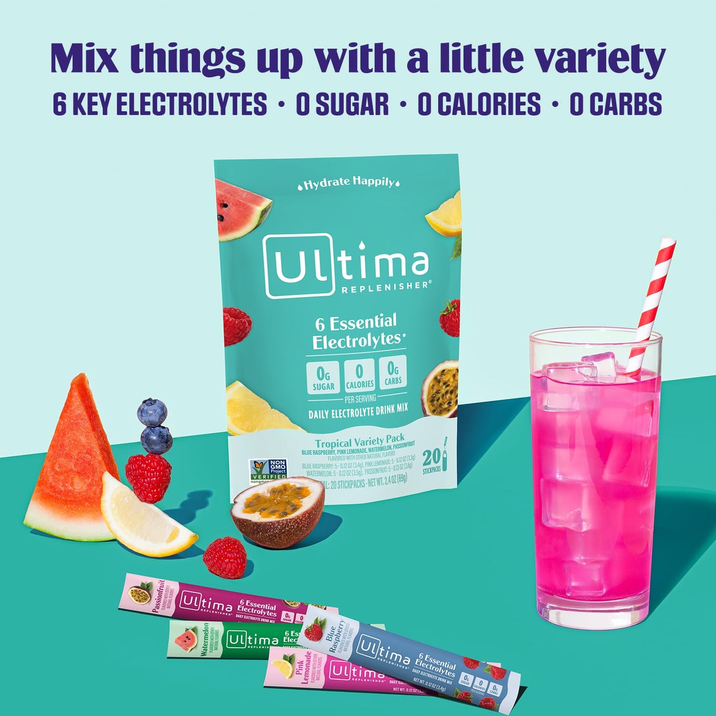 Ultima Replenisher Daily Electrolyte Drink Mix – Tropical Variety, 20 Stickpacks – Hydration Packets with 6 Electrolytes & Minerals – Keto Friendly, Non-GMO & Sugar-Free Electrolyte Powder