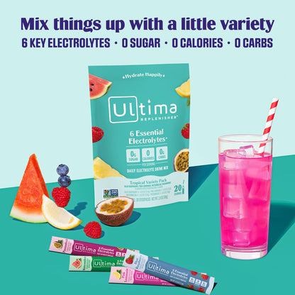 Ultima Replenisher Daily Electrolyte Drink Mix – Tropical Variety, 20 Stickpacks – Hydration Packets with 6 Electrolytes & Minerals – Keto Friendly, Non-GMO & Sugar-Free Electrolyte Powder