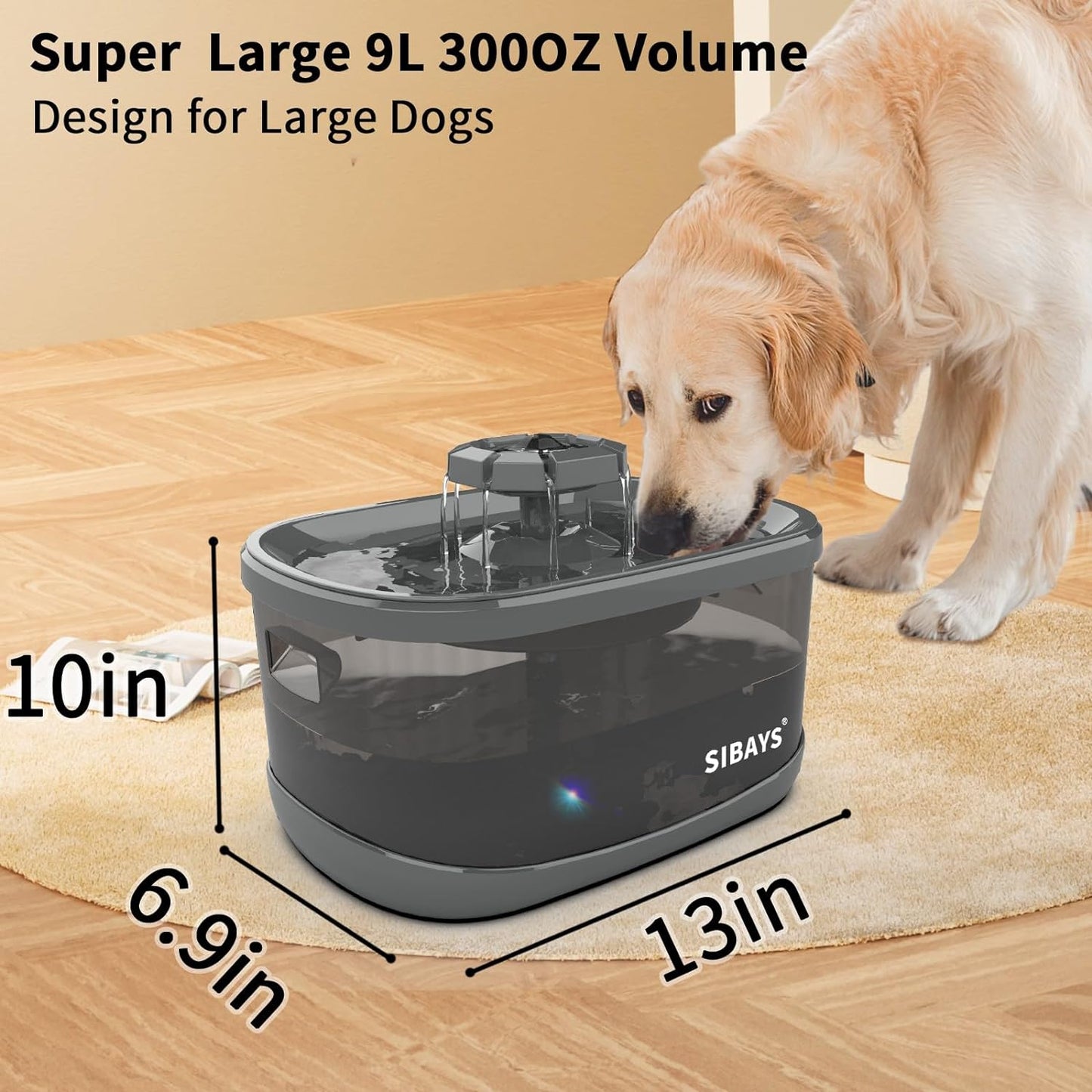 SIBAYS 9L 300OZ 2.4GAL Dog Water Fountain for Large Dogs,3 Sprouts Pet Water Fountain for Dogs,Multi Pets,3 in 1 Light,Automaticlly Super Quiet,4 Layer