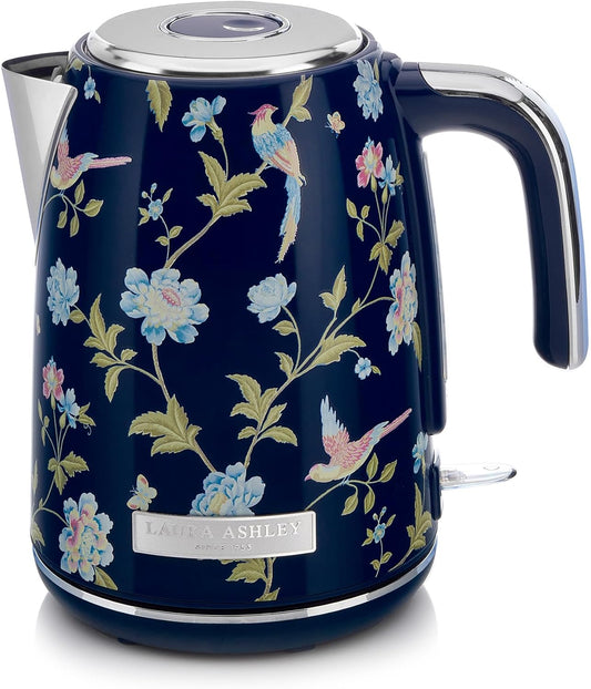 Laura Ashley Elveden Navy 1.7 Litre Stainless Steel Electric Kettle - 3KW Kettles Electric Fast Boil Quiet - Cordless Kettle with 360 Degree Power Base
