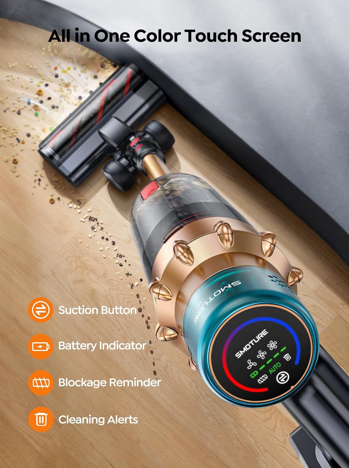 Cordless Vacuum Cleaner, 50KPA 600W, 65Mins Runtime, Self-Standing Stick Vacuum with Aroma Function, Auto Mode, Wall Charging, Touchscreen, Anti-Tangle Vacuum Cleaner for Pet Hair/Hardfloor/Carpet