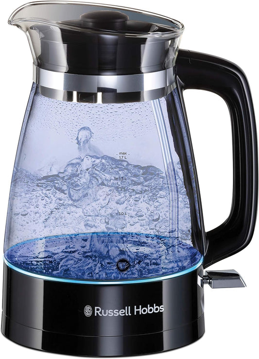 Russell Hobbs Kettle Glass [1.7 L, 2400 W, Optimised Design Spout Made of Glass, LED Lighting] Classic Design (Quick Boil Function, Removable Lid, Limescale Filter, Stainless Steel Base)