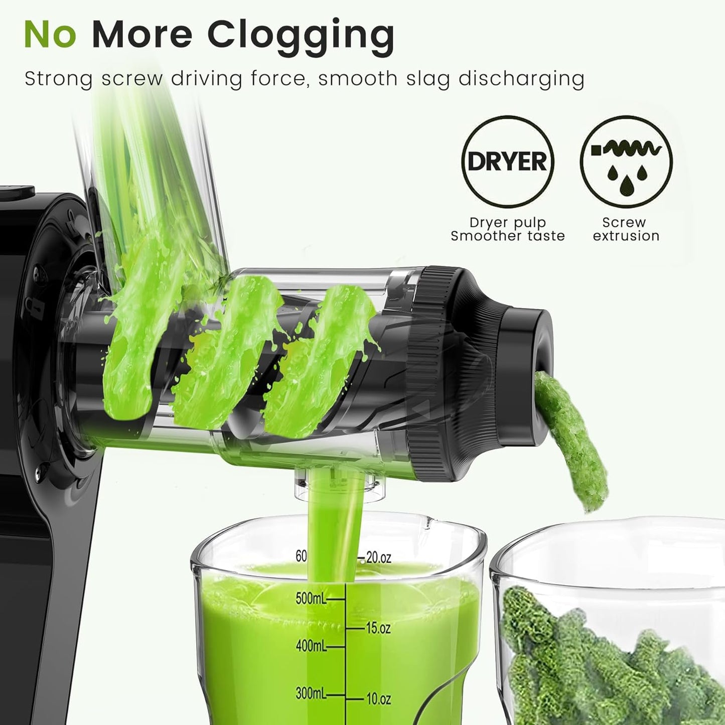 Keenray Cold Press Juicer, Masticating Juicer Machines, Celery Juicer with Quiet Motor Reverse Function, High Juice Yield Slow Juice Extractor for Vegetable and Fruit, Black, EL20