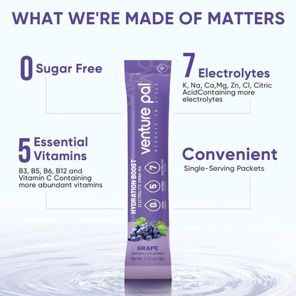 Venture Pal Sugar Free Electrolyte Powder Packets - Liquid Daily IV Drink Mix for Rapid Hydration & Party Recovery | 5 Vitamins & 7 Electrolytes| Keto Friendly | Non-GMO | Certified Vegan | 16 Sticks