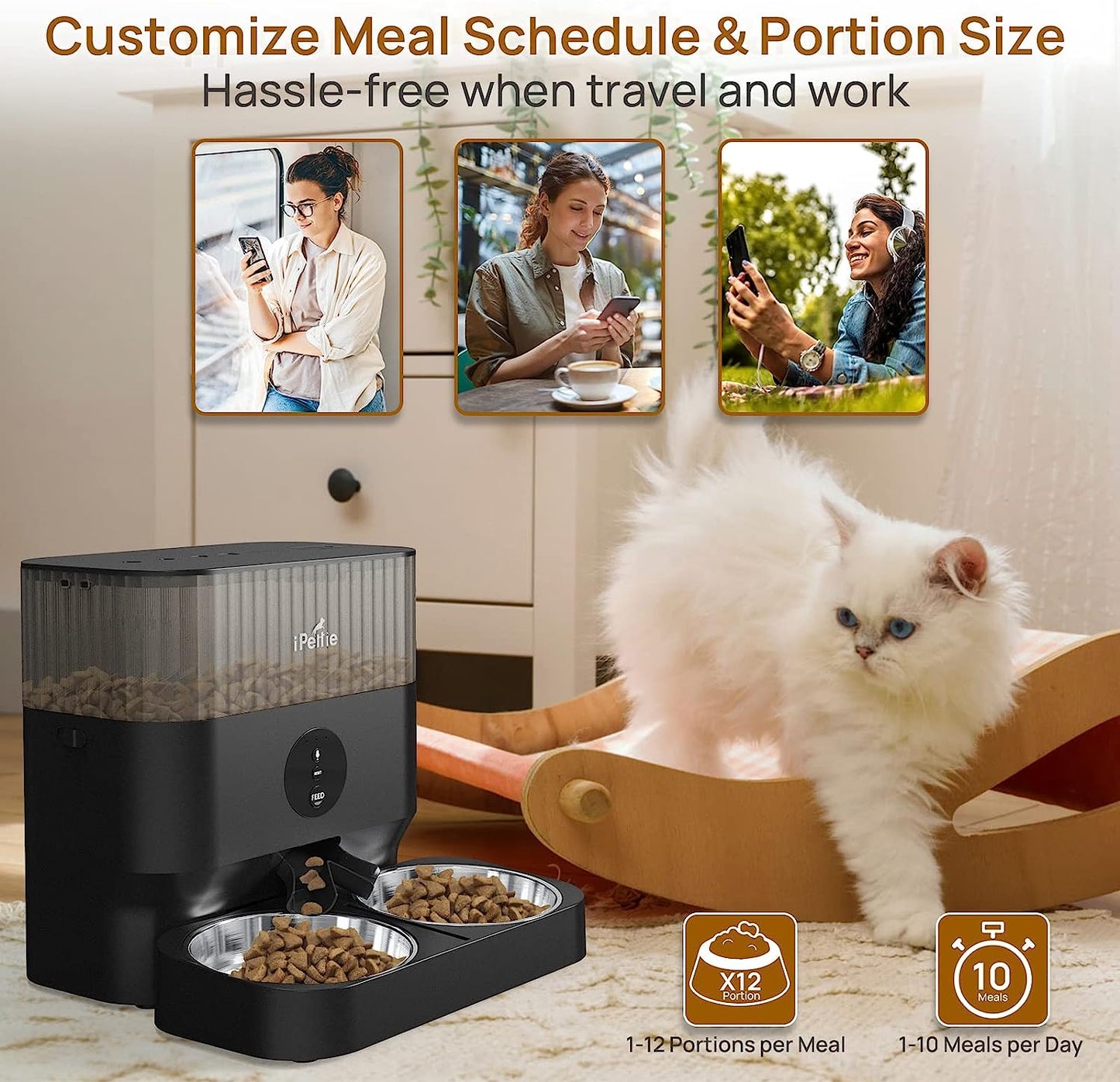iPettie Automatic Cat Feeder for Two Cats, 2.4G WiFi App Control, 5L/21 Cup Capacity, 1-10 Meals Per Day, Adjustable Bowl Height