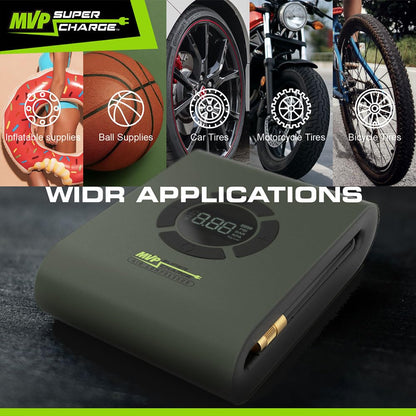 MVPSupercharge Tire Inflator Air Compressor - Rechargeable Li-ion 10000 mAh Battery Air Pump with Adapters for Cars Bikes Balls and USB Charger for Smartphones and more