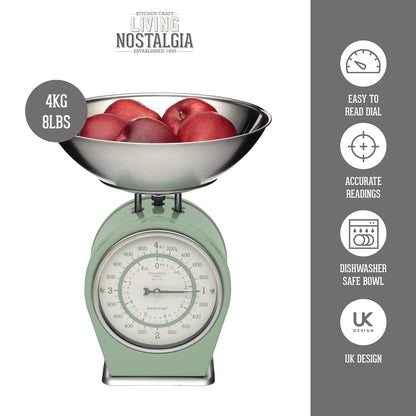 KitchenCraft Living Nostalgia Mechanical Kitchen Scales, 4 kg (8 lbs) - English Sage