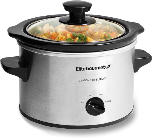 Elite Gourmet MST-250XS# 1.5 Litre Electric Slow Cooker Ceramic Pot, Adjustable Temperature, Indicator Light, Non-Stick Coating, Dishwasher Safe, Appetizers, Sauces, Soups, Roasts, Stainless Steel