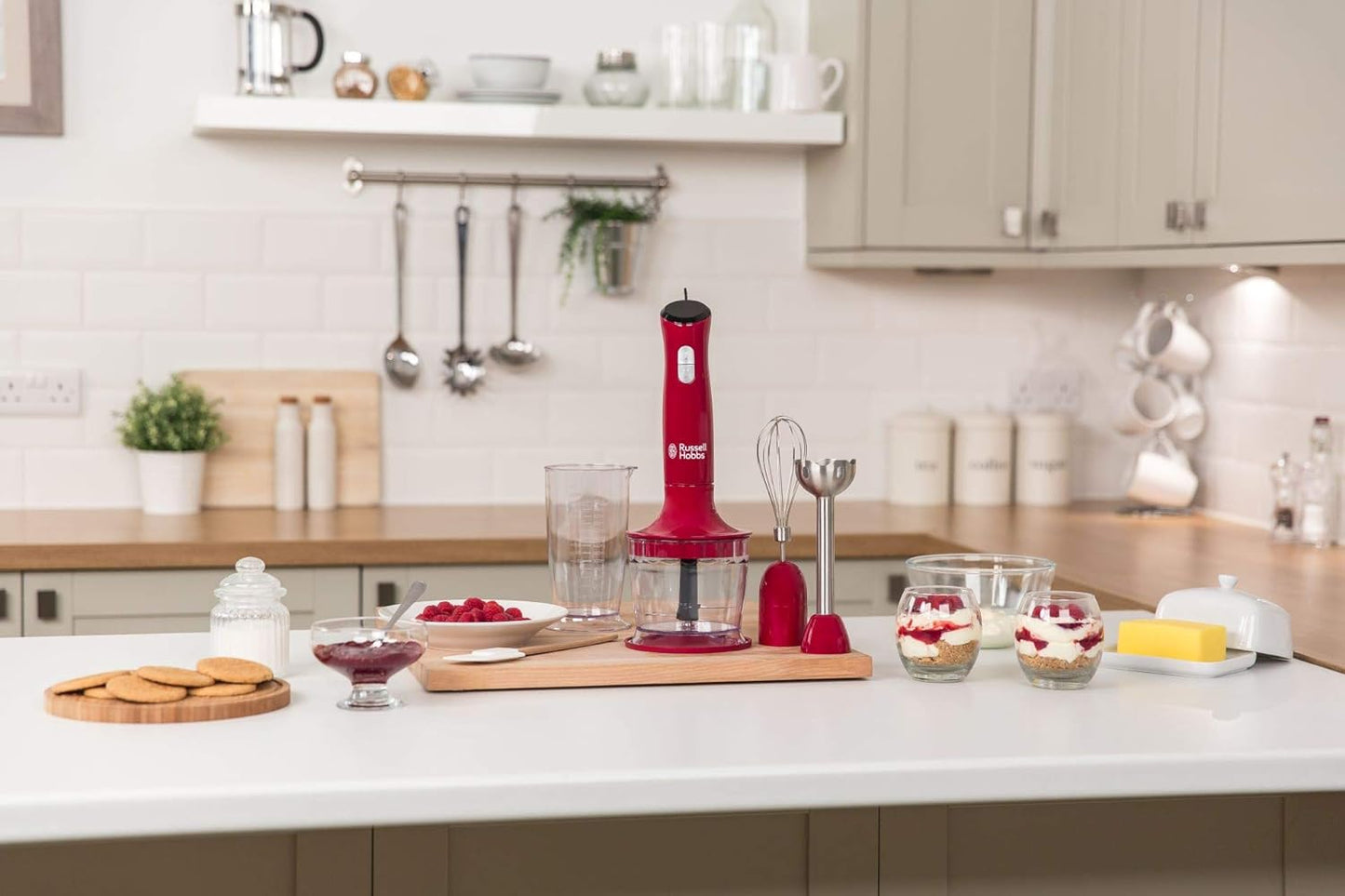 Russell Hobbs Hand Blender [3-in-1: Purée Stick/Chopper, Mixer & Whisk Attachment] Desire Red (BPA-Free & Dishwasher Safe Accessories, for Smoothie, Soups, Sauces, Yoghurt Baby Food) 24700-56