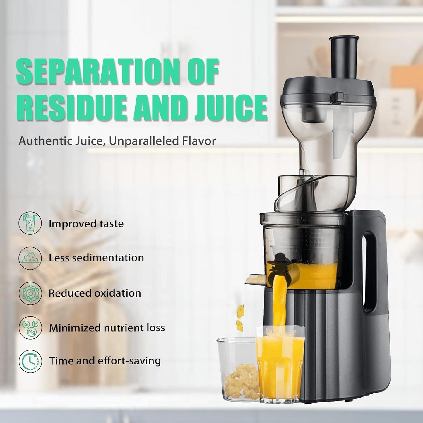 Cold Press Juicer Masticating Slow Juicer, Orange Juicer with 76-130mm Wide Mouth Feed Chute for Full-Bodied Fruit & Veg Juice, High Yield Preserves