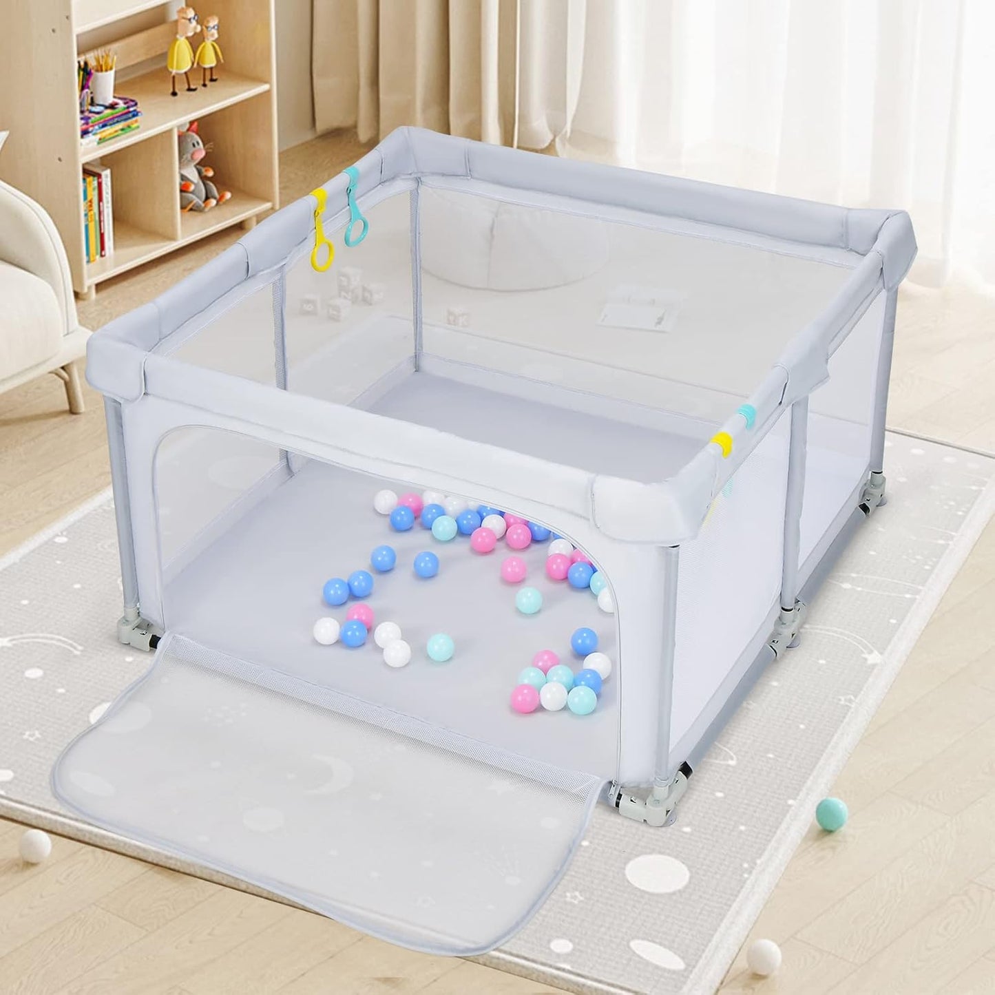 BABY JOY Foldable Baby Playpen, 124 x 124 x 70cm Playpen Activity Center w/50 Balls & 4 Pull Rings (Grey)