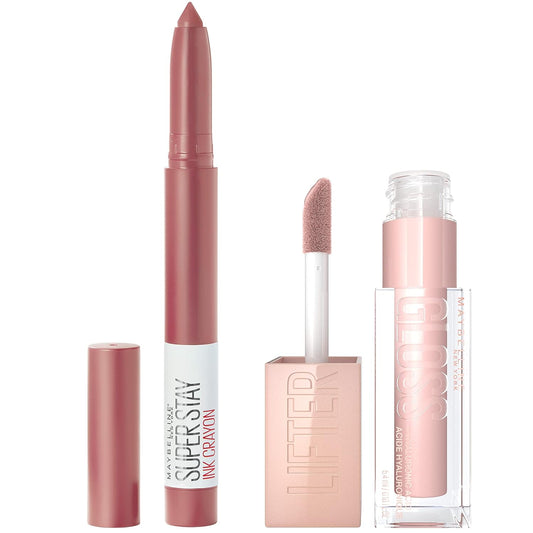 Maybelline Super Stay Ink Crayon Lipstick and Lifter Gloss Makeup Bundle, Includes 1 Nude Lipstick in Lead the Way and 1 Pink Lip Gloss in Ice