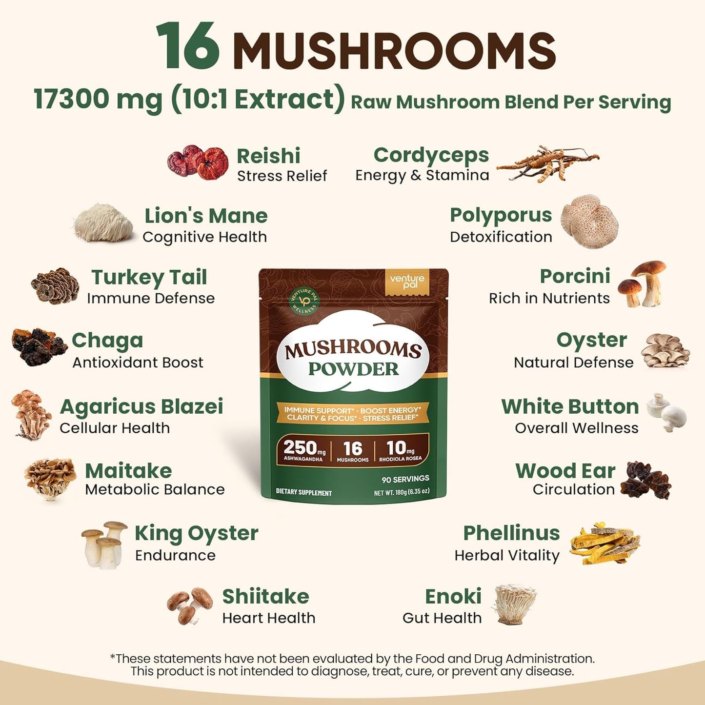 Venture Pal 16 in 1 Mushroom Powder (90 Servings) - 1,557,000mg Mushroom Coffee