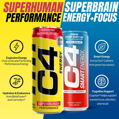 C4 Energy & Smart Energy Drinks Variety Pack, Sugar Free Pre Workout Performance 355ml pack of 12