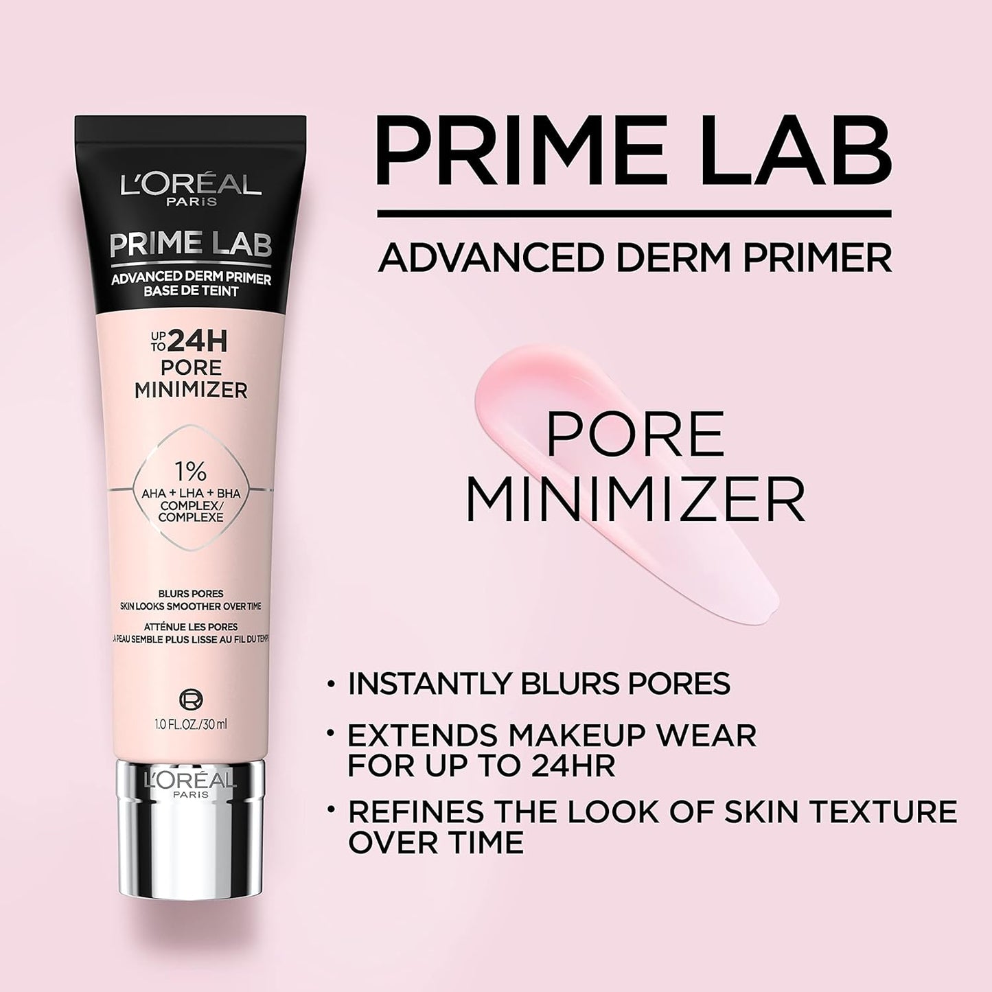 L’Oréal Paris Prime Lab Up to 24H Pore Minimizer Face Primer Infused with AHA, LHA, BHA Complex to Smooth and Extend Makeup Wear, 1.01 Fl Oz