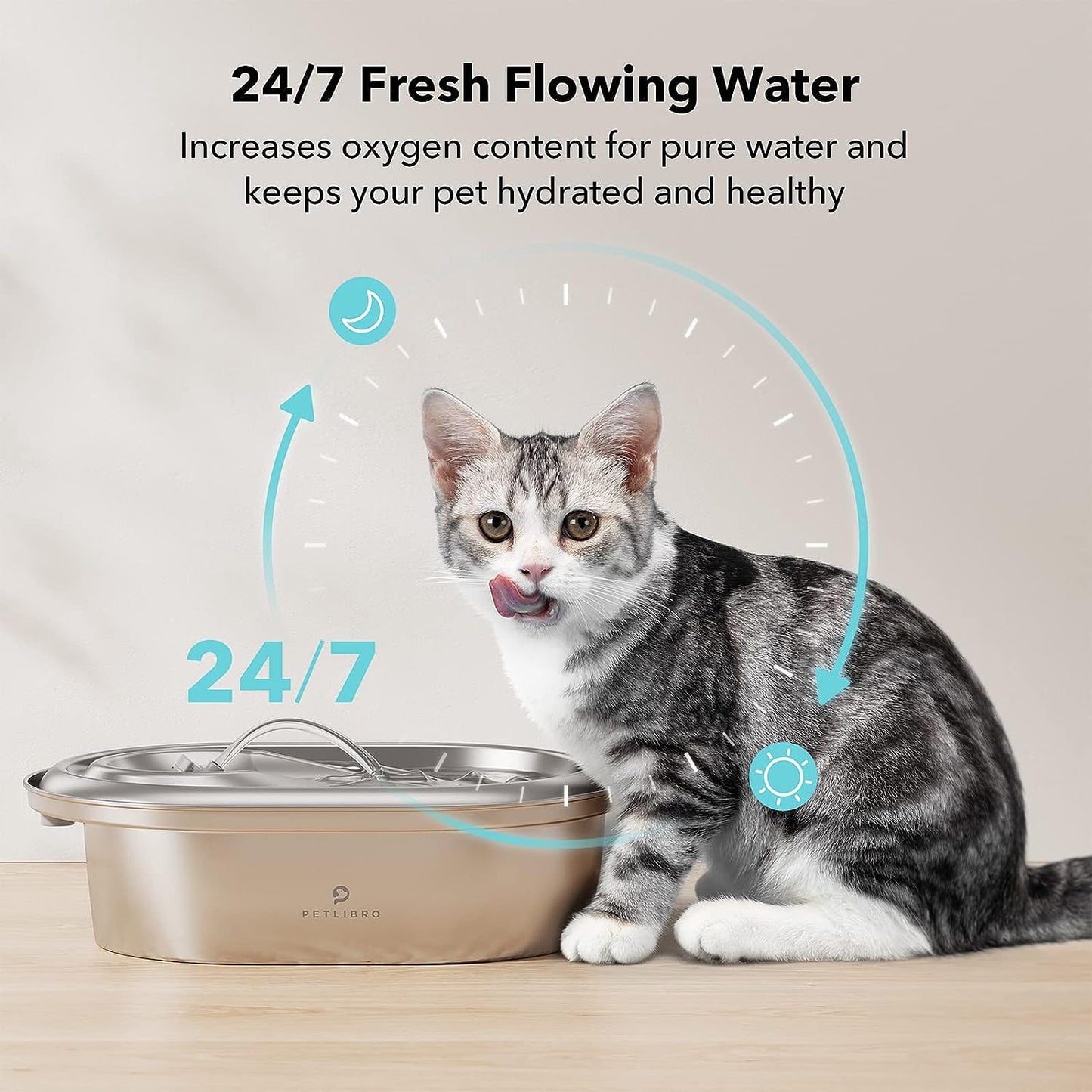 Cat Water Fountain Stainless Steel, 2L & 3L Pet Water Fountain for Cats Inside, Food-Grade Dog Water Fountain, Cat Water Dispenser with Adjustable Water Flow for Cats & Dogs