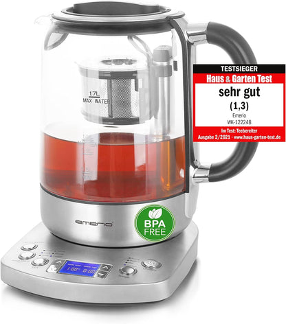 Emerio WK-122248 Glass Tea Kettle Test Winner with Grade 1.3 Fully Automatic Tea Strainer Soft Close Borosilicate Glass BPA Free 1.7 L Volume Temperature Selection 2200 W Black/Silver