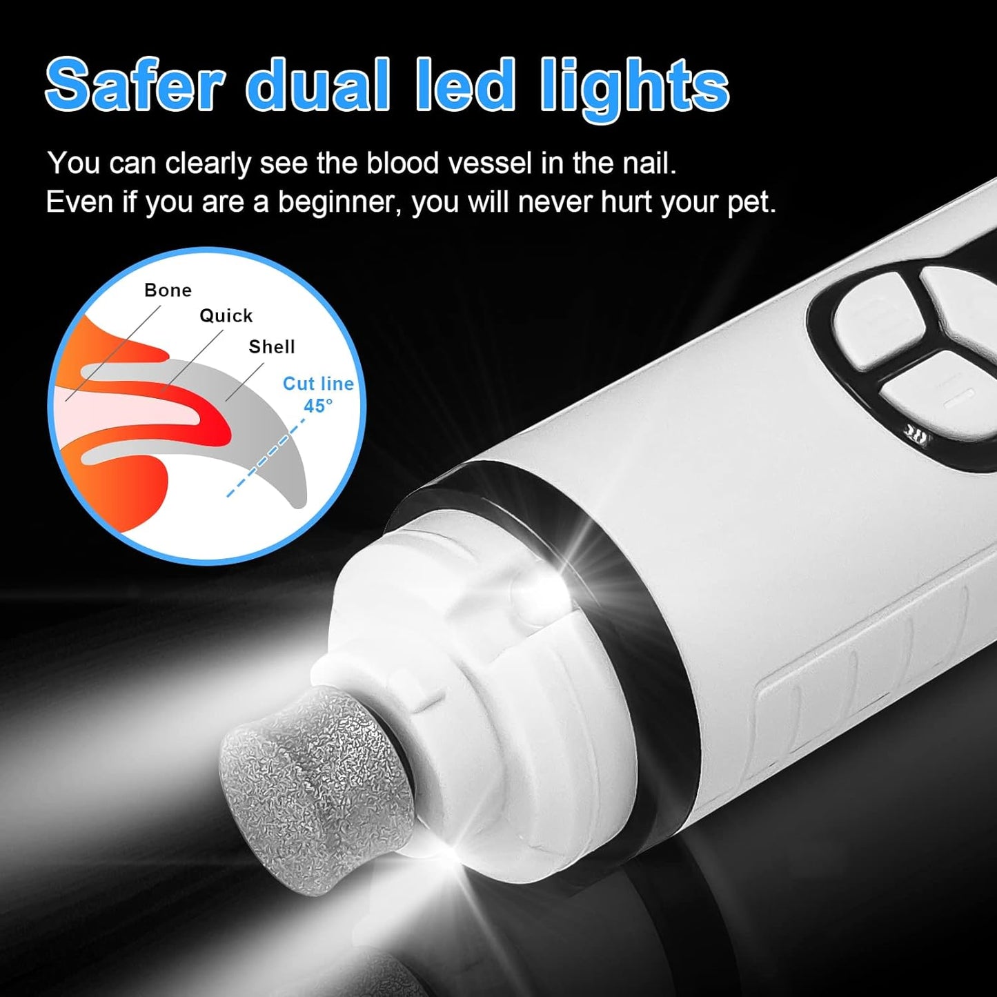 Dog Nail Grinder with LED Lights, 40 Decibels, Super Quiet Noise Claw Scissors for Small, Medium and Large Dogs and Cats, 3 Speeds, USB Connection, Electric Nail Cutter, White