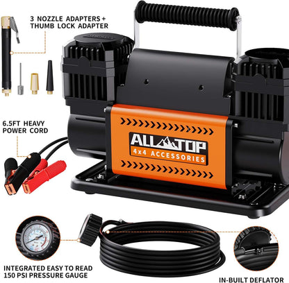 ALL-TOP Air Compressor Kit, Dual Cylinder 12V Portable Inflator 12.35 ft³/Min, Offroad Air Compressor Pump for Truck Tires, Heavy Duty Max 150 PSI for 4x4 Vehicle & RV