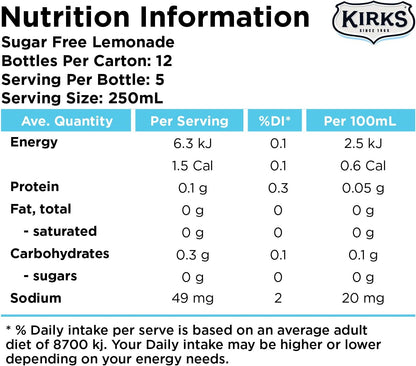 Kirks Sugar Free Lemonade Soft Drink Multipack Bottles 12 x 1.25L