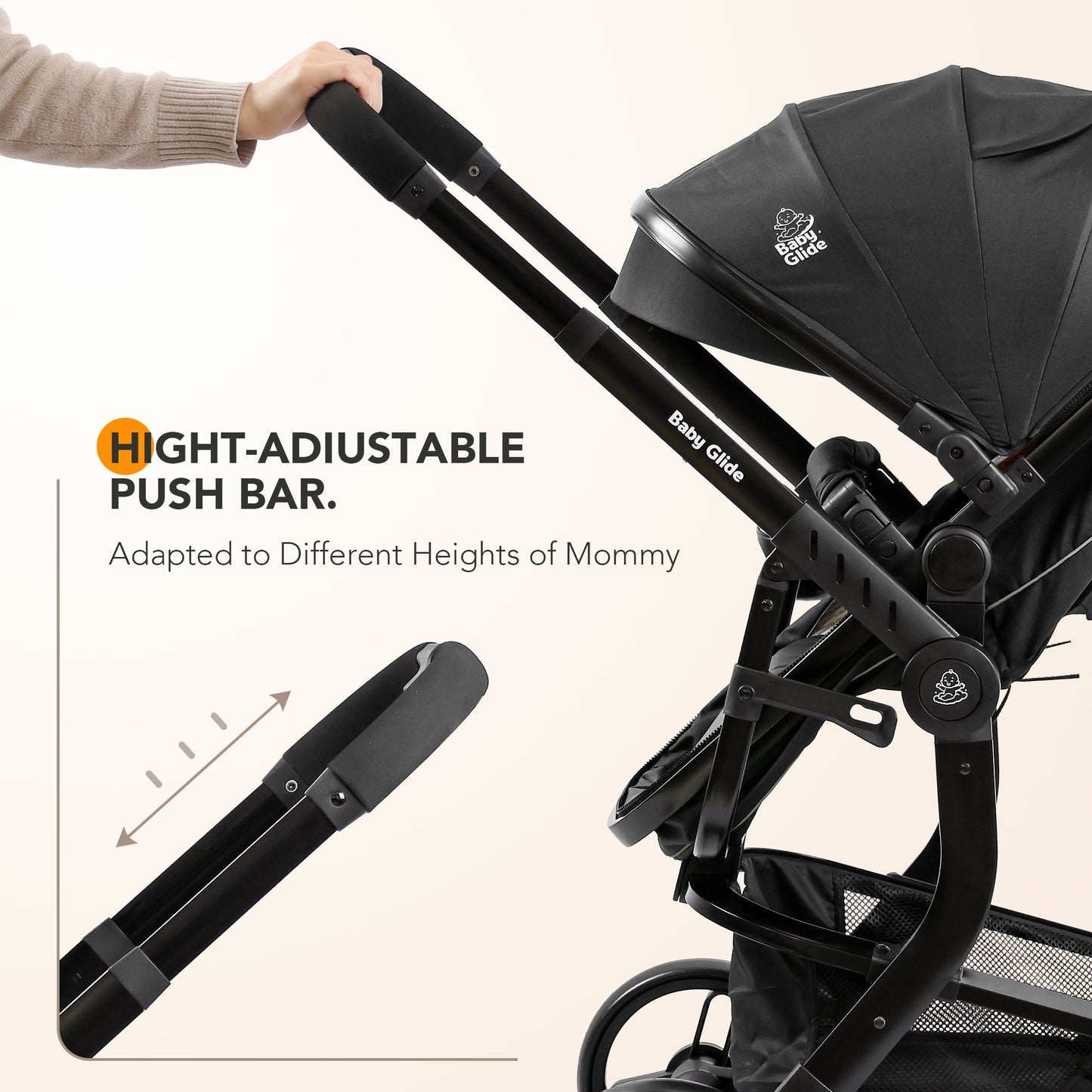 Luxury High Landscape Baby Stroller & Bassinet Travel System | One-Button Fold | High View | Baby Glide Black Stroller