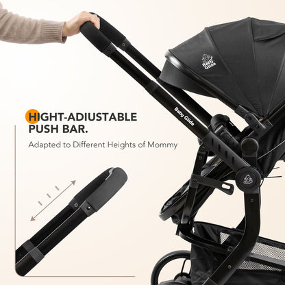 Luxury High Landscape Baby Stroller & Bassinet Travel System | One-Button Fold | High View | Baby Glide Black Stroller