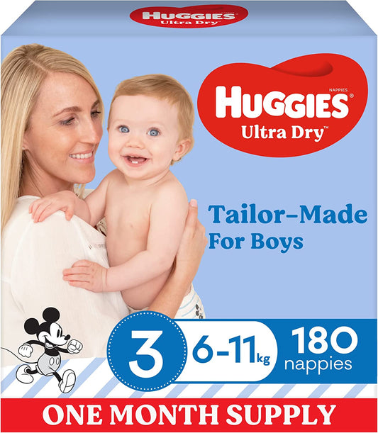 Huggies Ultra Dry Nappies Boys Size 3 (6-11kg) One Month Supply 180 Pieces