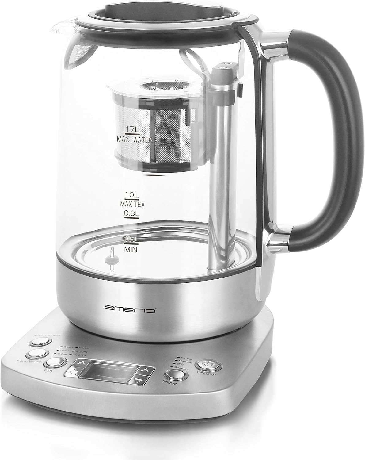 Emerio WK-122248 Glass Tea Kettle Test Winner with Grade 1.3 Fully Automatic Tea Strainer Soft Close Borosilicate Glass BPA Free 1.7 L Volume Temperature Selection 2200 W Black/Silver