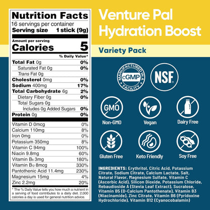 Venture Pal Sugar Free Electrolyte Powder Packets - Liquid Daily IV Hydration Packets for Rapid Rehydration | 7 Electrolytes & 5 Vitamins | Keto Friendly | Non-GMO | Vegan | Fast Dissolve | 16 Sticks