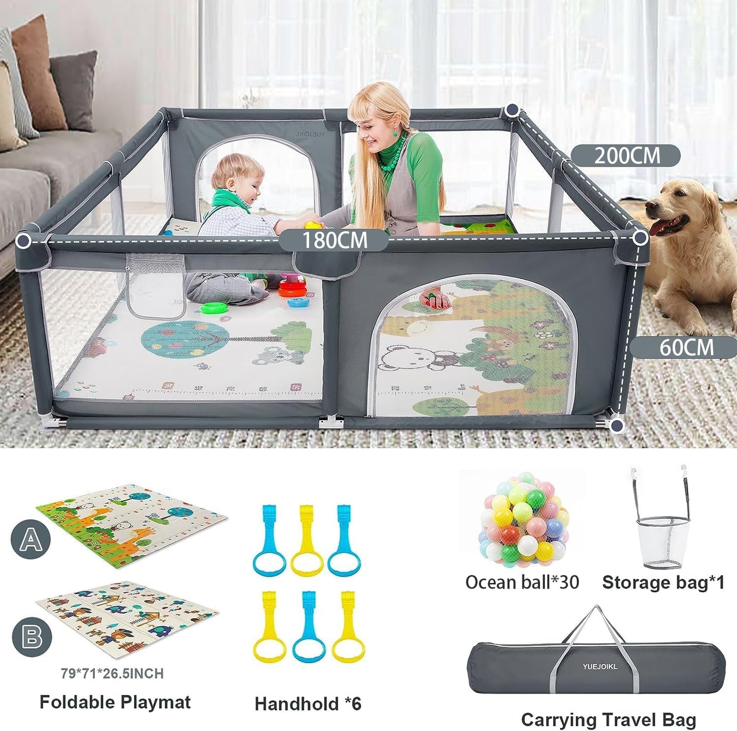 Large Baby Playpen with Mat - 200 x 180 cm