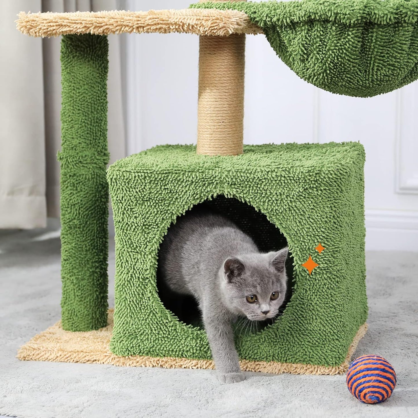 MSmask Cat Tree with Square Condo, Artificial Palm Tree Cat Tower with Sisal Scratching Post, Hammock, Plush Platform, Climbing Nature Cat Tree for Indoor Cats