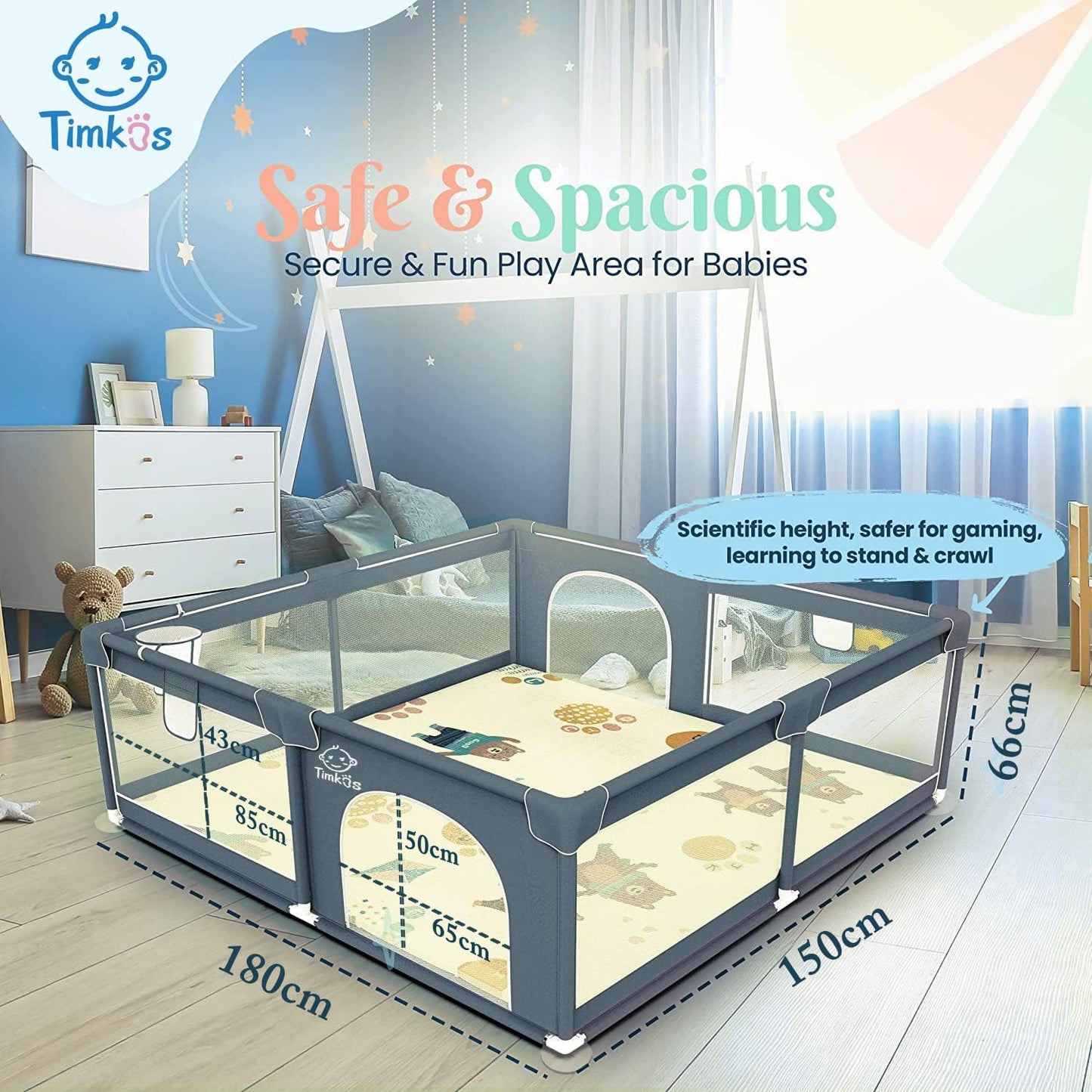 Baby Playpen with Mat 180×150cm, Baby Play Pen Extra-Large Playpens Play Mat with 50 Balls Pit, 4X Handlers, Baby Playmat, Basket Net for Toddler Babies with Breathable Mesh