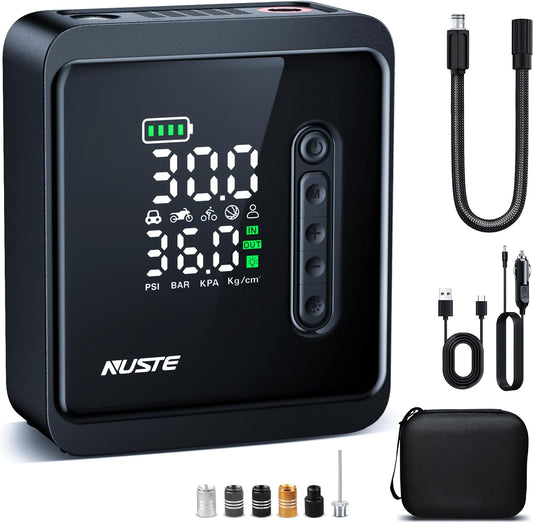 NUSTE Tire Inflator Portable Air Compressor, 3X Fast Cordless Air Pump 15000mAh Rechargeable Battery & 12V DC Dual Power Electric Tire Pump, 150PSI