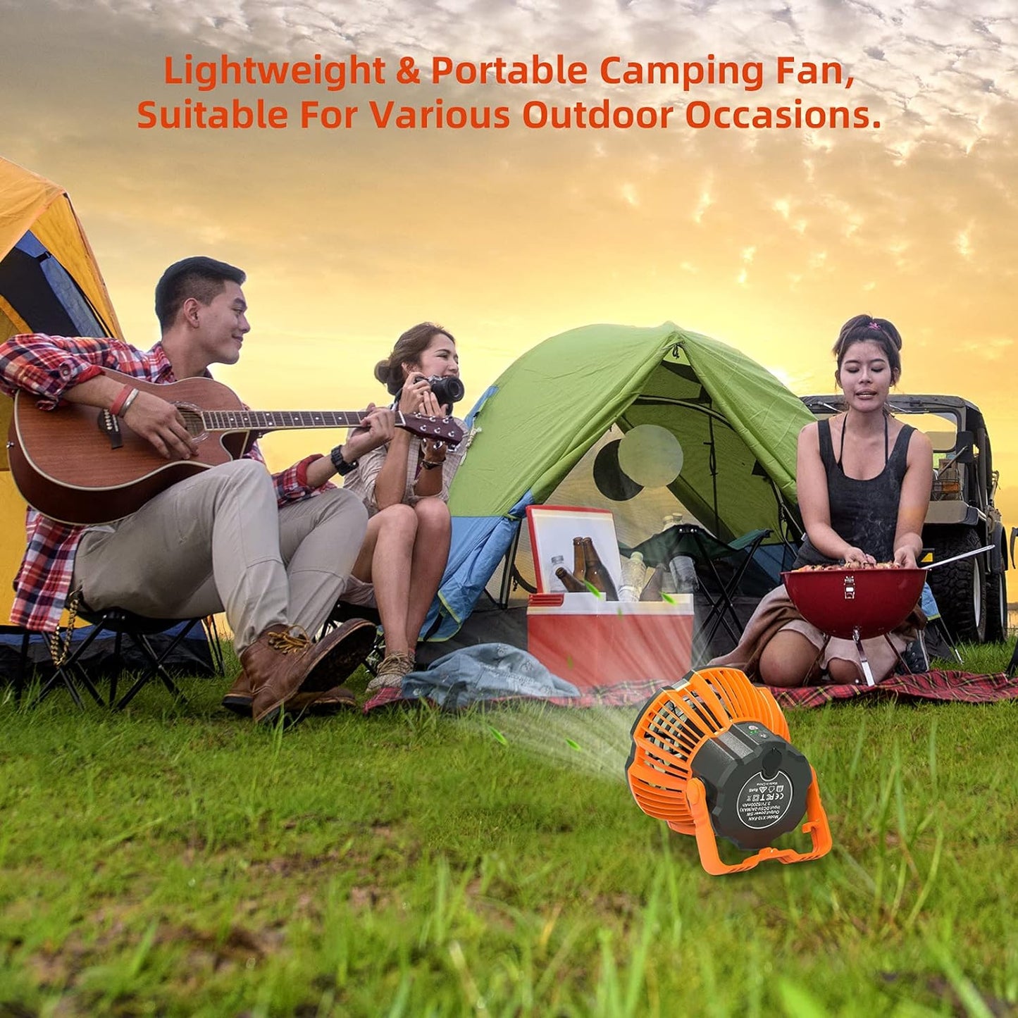 Portable Camping Lantern, Rechargeable USB Ceiling Tent Fan with Remote Control, Quiet and Powerful USB Personal Fan for Outdoor